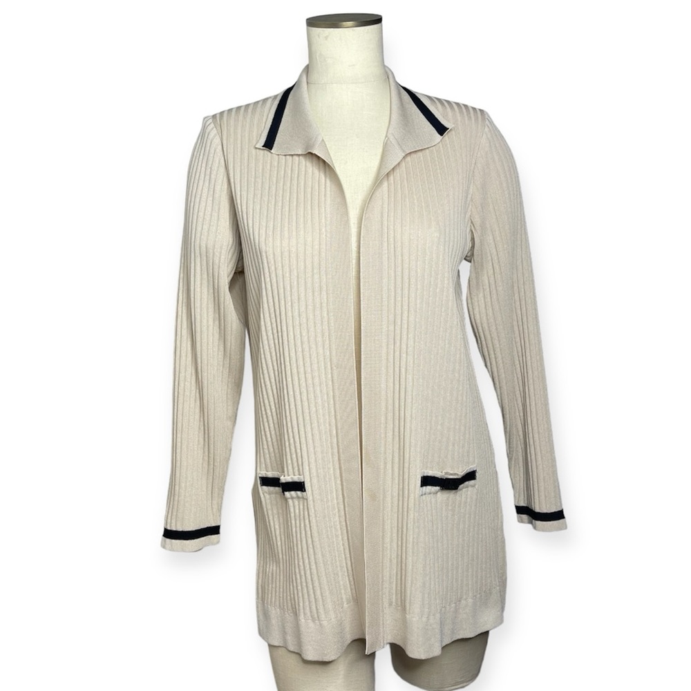 EXCLUSIVELY MISOOK Beige/Black Contrast OpenFront Knit Ribbed Cardigan M Preppy